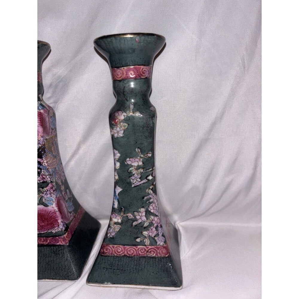 Vintage Famille Rose Porcelain Candlestick Holders 8.5" - Picture 4 of 8
